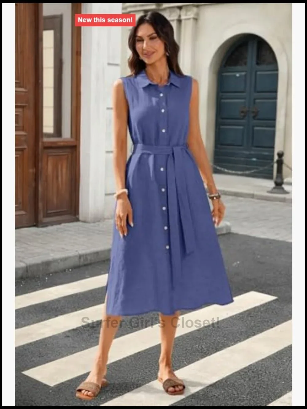 100% Linen Midi Dress Button Down Sleeveless Collared Shift with Pockets Summer